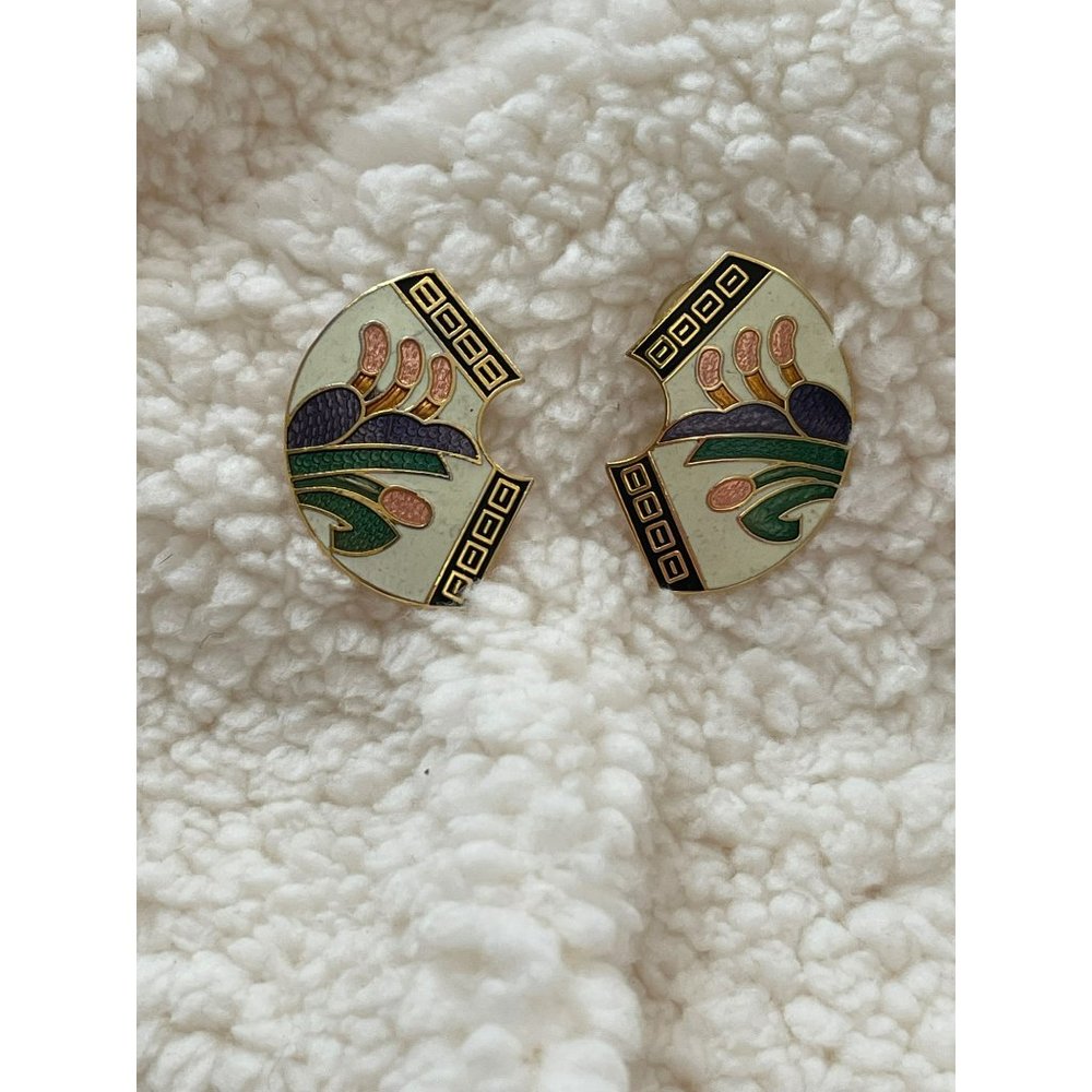 Vintage Cream/Pink/Black/Green Cloisonne Pierced Earrings